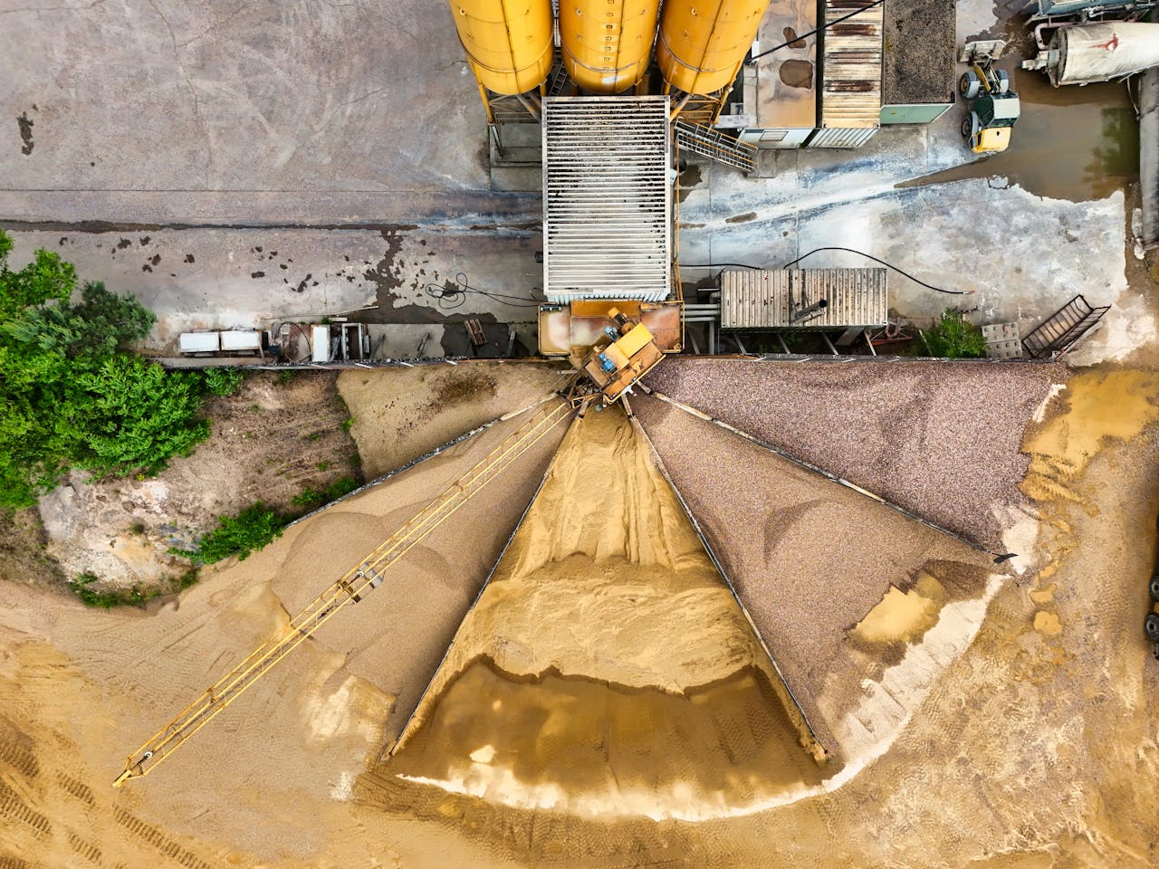 Aerial shot of sand and gravel processing plant in operation.